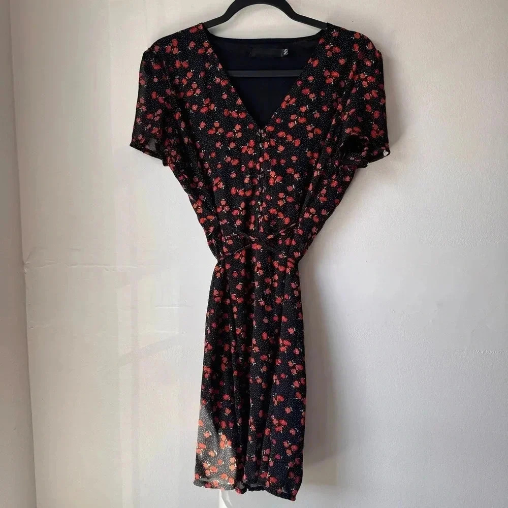 Missguided Black Floral Midi Wrap Dress with Red Rose Print - Size US 6